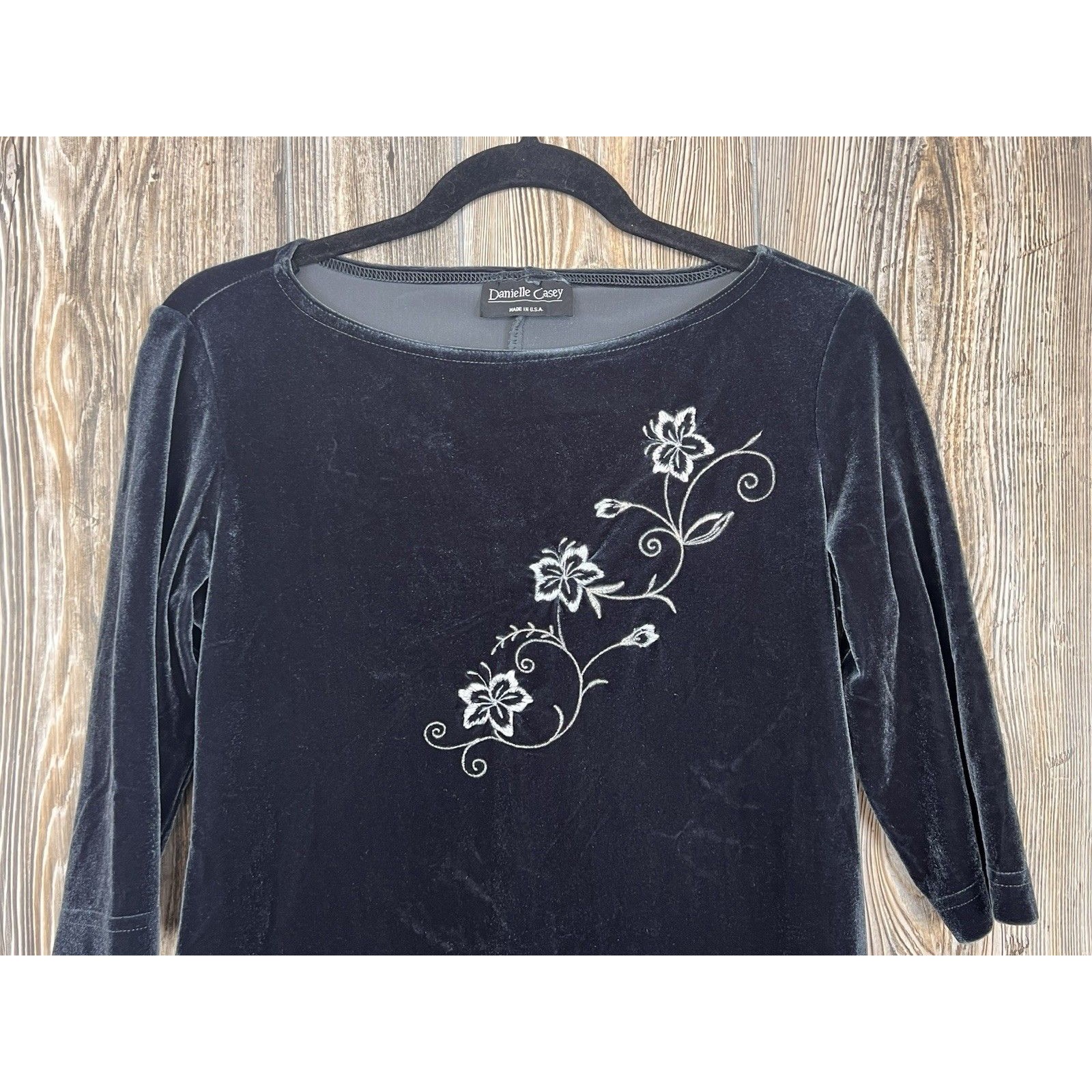Vtg. Danielle Casey Dress S Black Velvet Midi Floral Embroidery Romantic Elegant — image 2 of 8